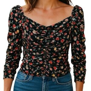ZARA Blouse Limited edition Multicolor Ruched Long sleeves Floral Size XS